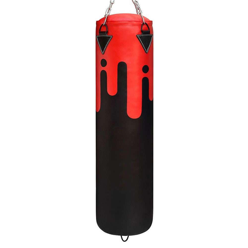 Red and Black Drip-Pattern Hanging Heavy Bag with Chain Suspension and Bottom Tie-Down Loop